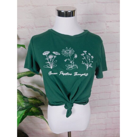Papaya Green Knotted Cropped Front Graphic Tee Grow Positive Thoughts L - Picture 2 of 11